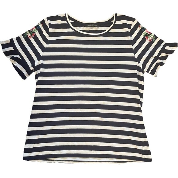 August Silk Striped Tee with Floral Embroidery Ruffled Sleeve - Picture 10 of 10